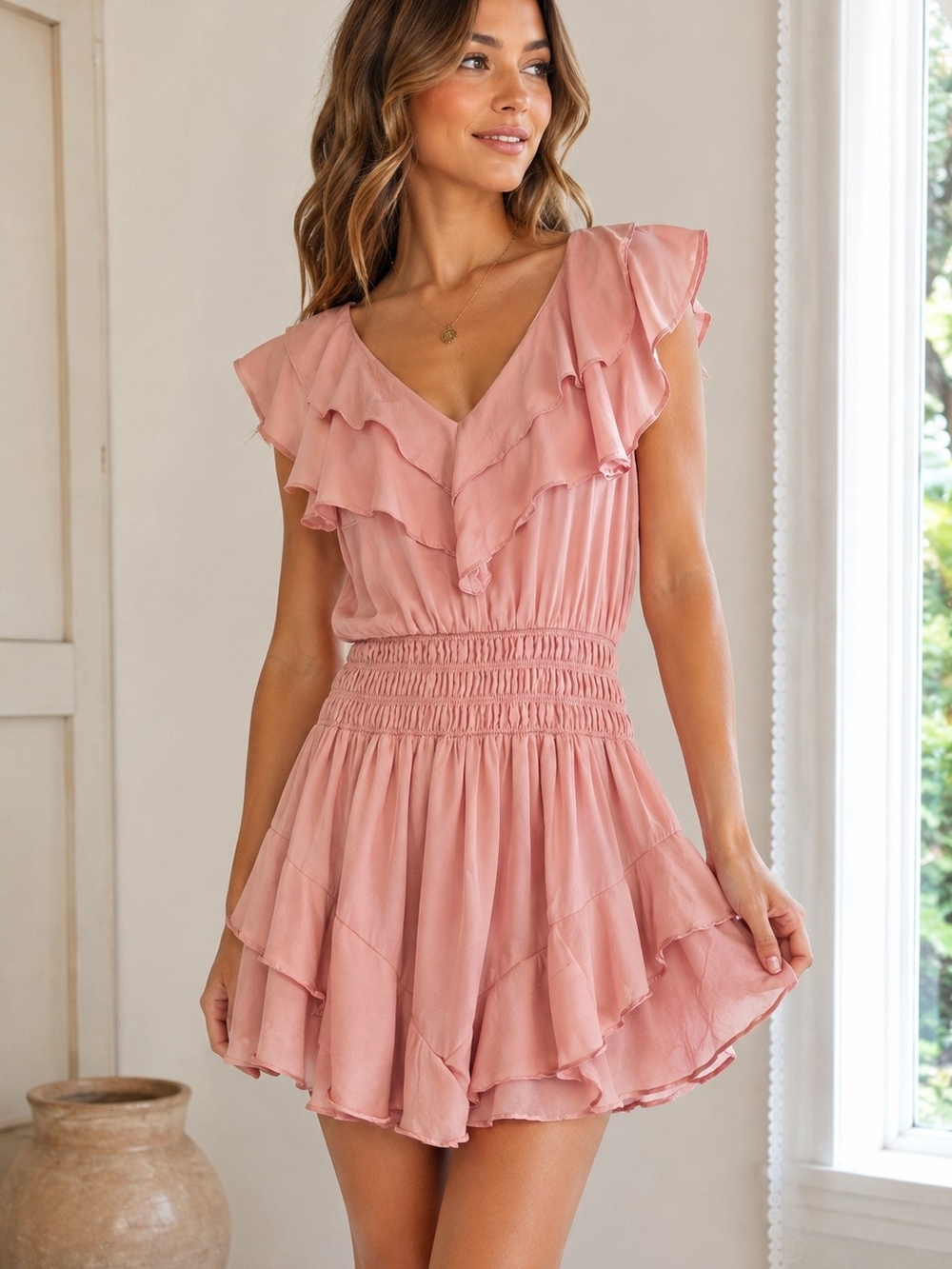 Mustard Seed Blush Pink Ruffle Smocked Waist Romper | Size Small
